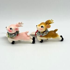 2 Bethany Lowe Leaping High Pink Brown Reindeer Christmas Ornament Clip Set NEW